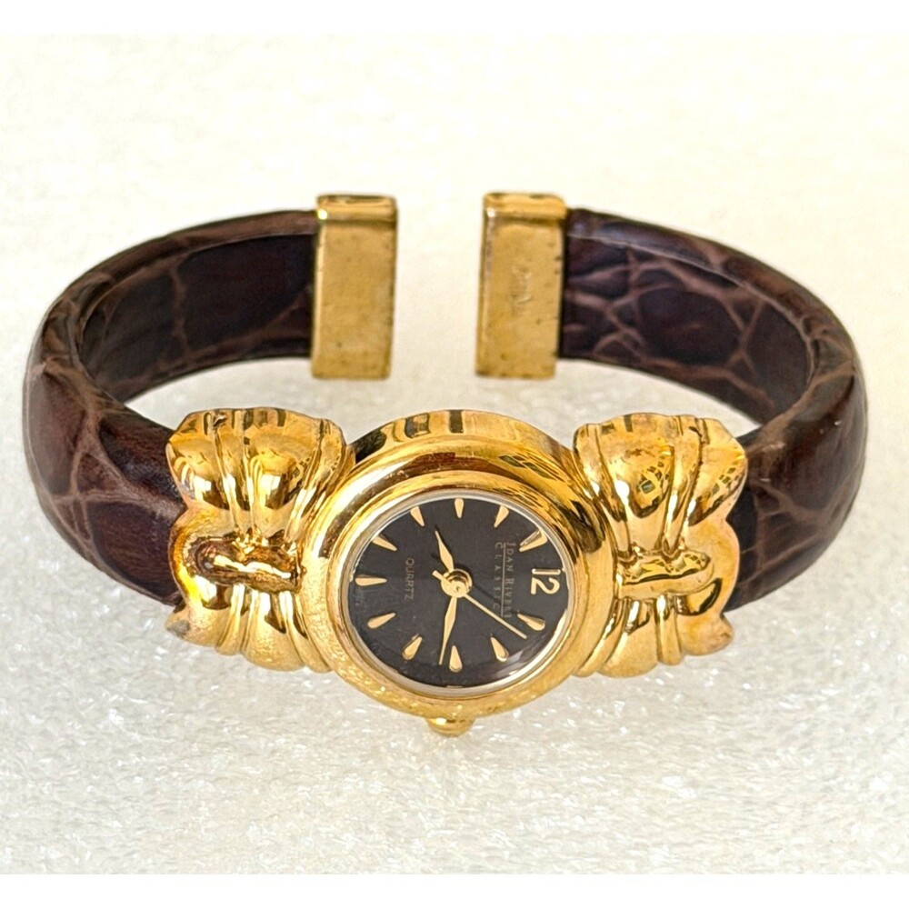 Vintage Joan Rivers Classics Gold Tone Bow Cuff Watch Black Dial Cabochon